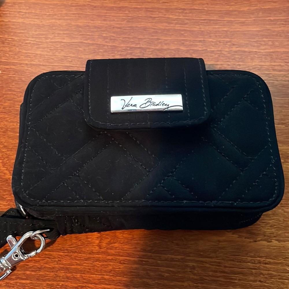 Vera Bradley black small credit card/phone case. Has zipper pocket for cash